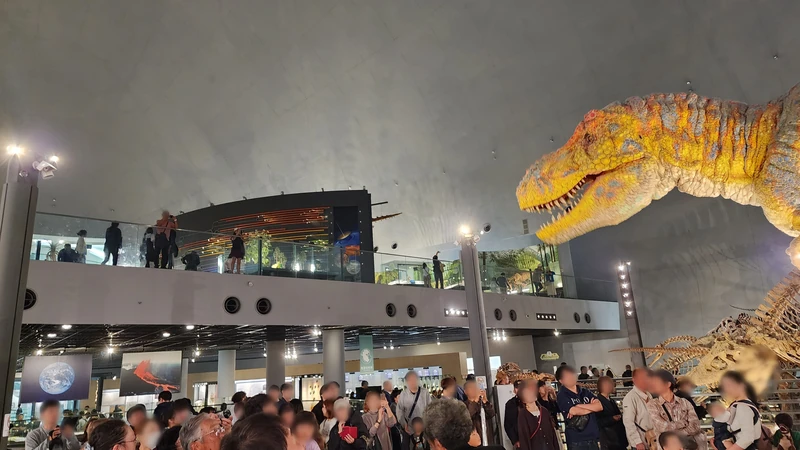 Tyrannosaur model and multi-level balcony in the dinosaur museum