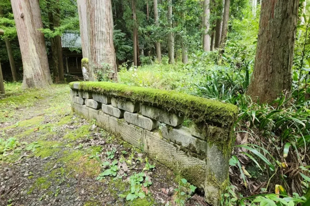 Ancient bridge rail, cedar forest trail to Shrine in Takao Village, Fukui Japan